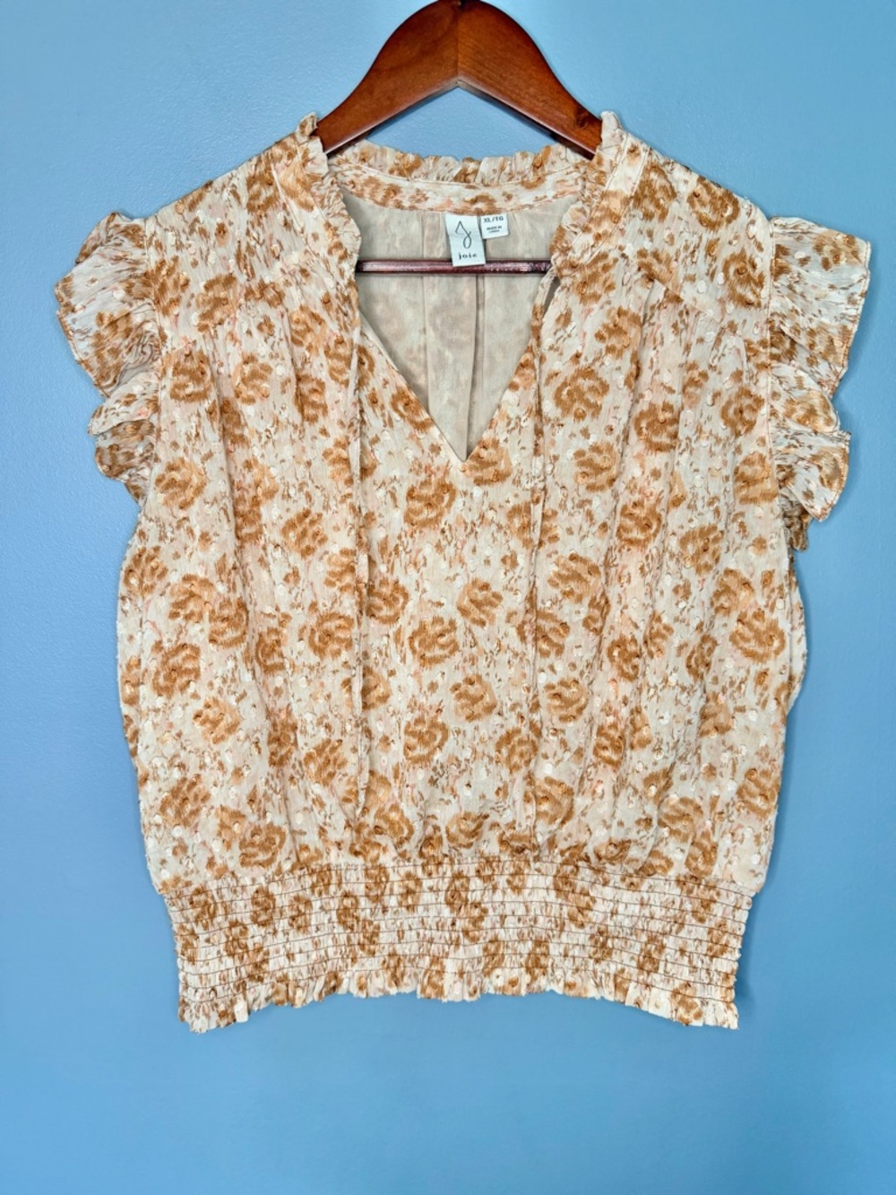 Joie Floral Smocked Ruffle Sleeve V-Neck Top | Size XL
